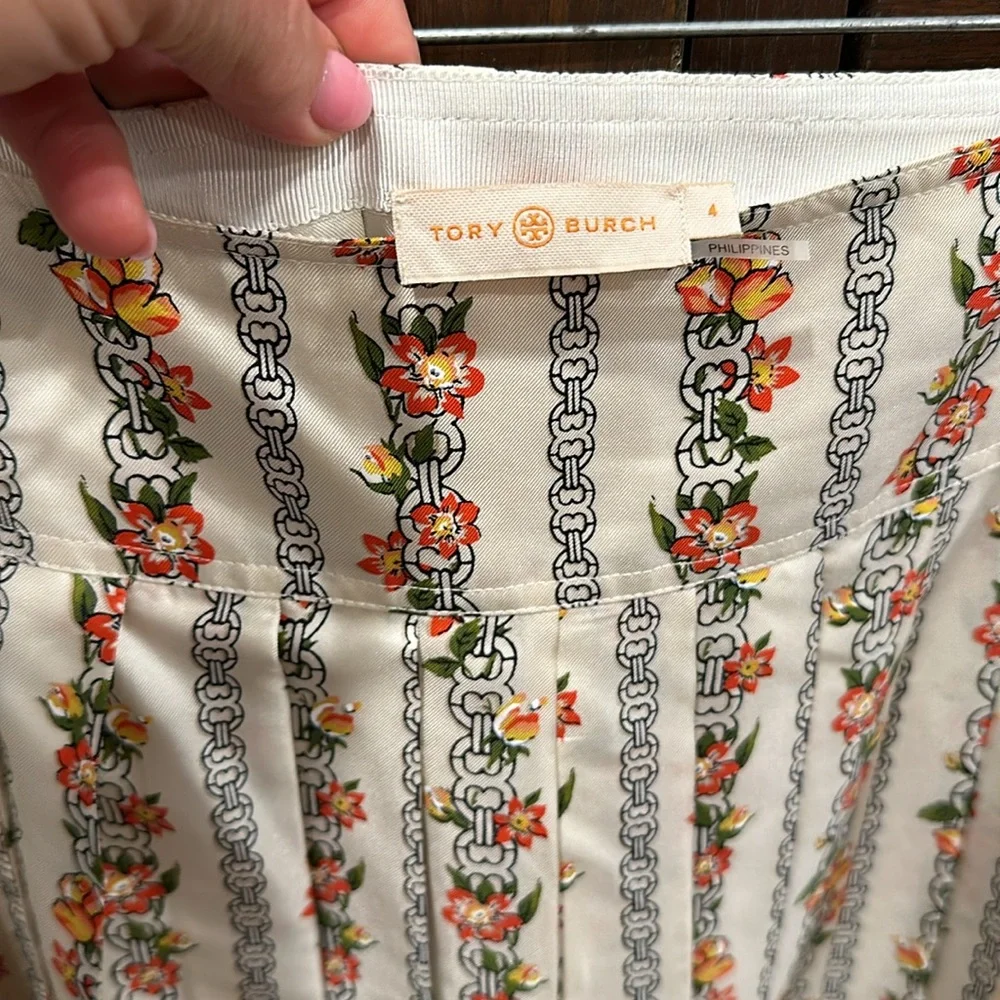 Tory Burch Cream Floral Stripe Pleated Midi Skirt
